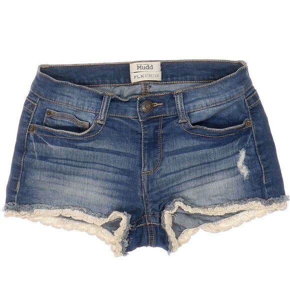 Mudd Flx Stretch Shorts Size 5 Juniors Medium Blue Denim Crochet Raw Hem W26 - Picture 1 of 7